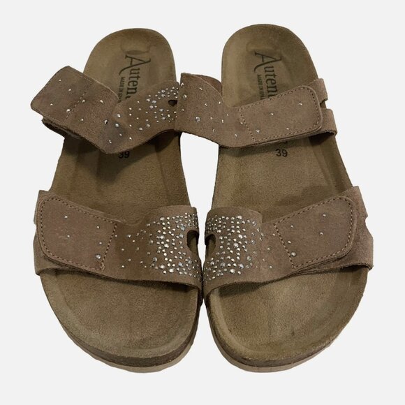 Autenti Suede Leather Bejeweled Double Strap Wedge Sandals Size 39/US 8 - Picture 1 of 10